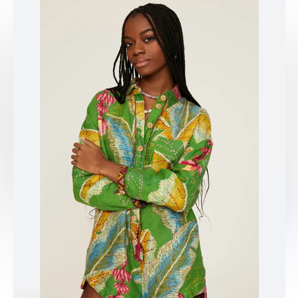 Farm Rio Banana Leaves Long Sleeve Linen Tunic Top
